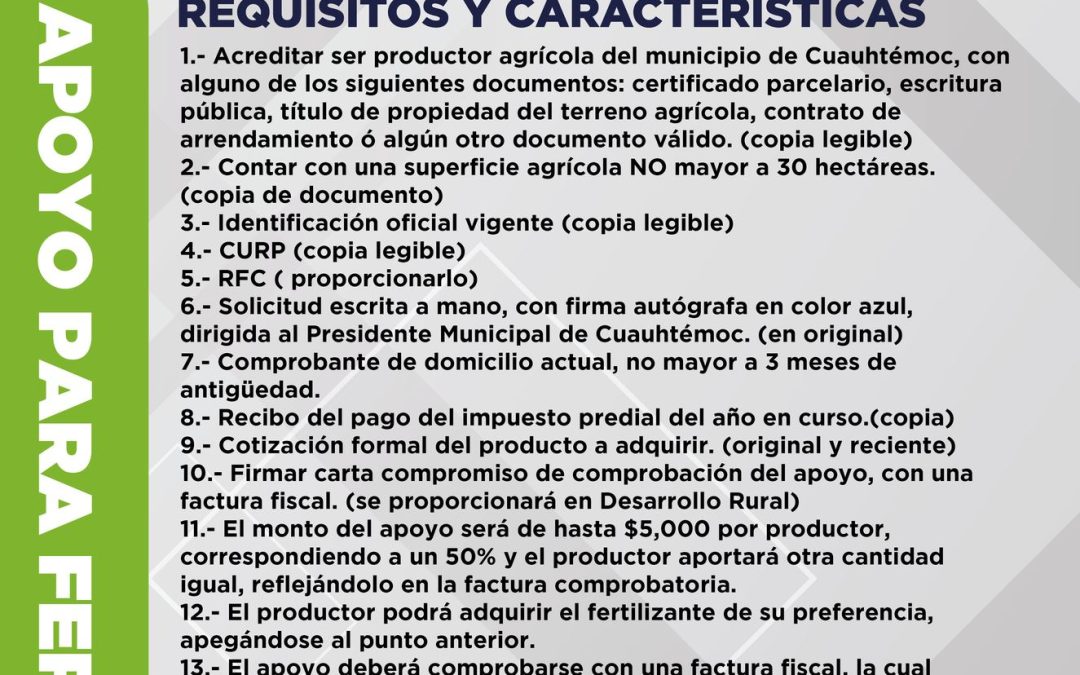 La Presidencia Municipal del Cuauhtémoc, Chih, a través de la Dirección de Desarrollo Rural, convoca a los productores agrícolas del municipio, a participar en el Programa de Apoyo para compra de fertilizante